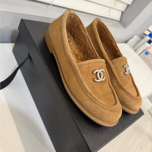 CHANEL Tan Suede Loafers with Silver Logo